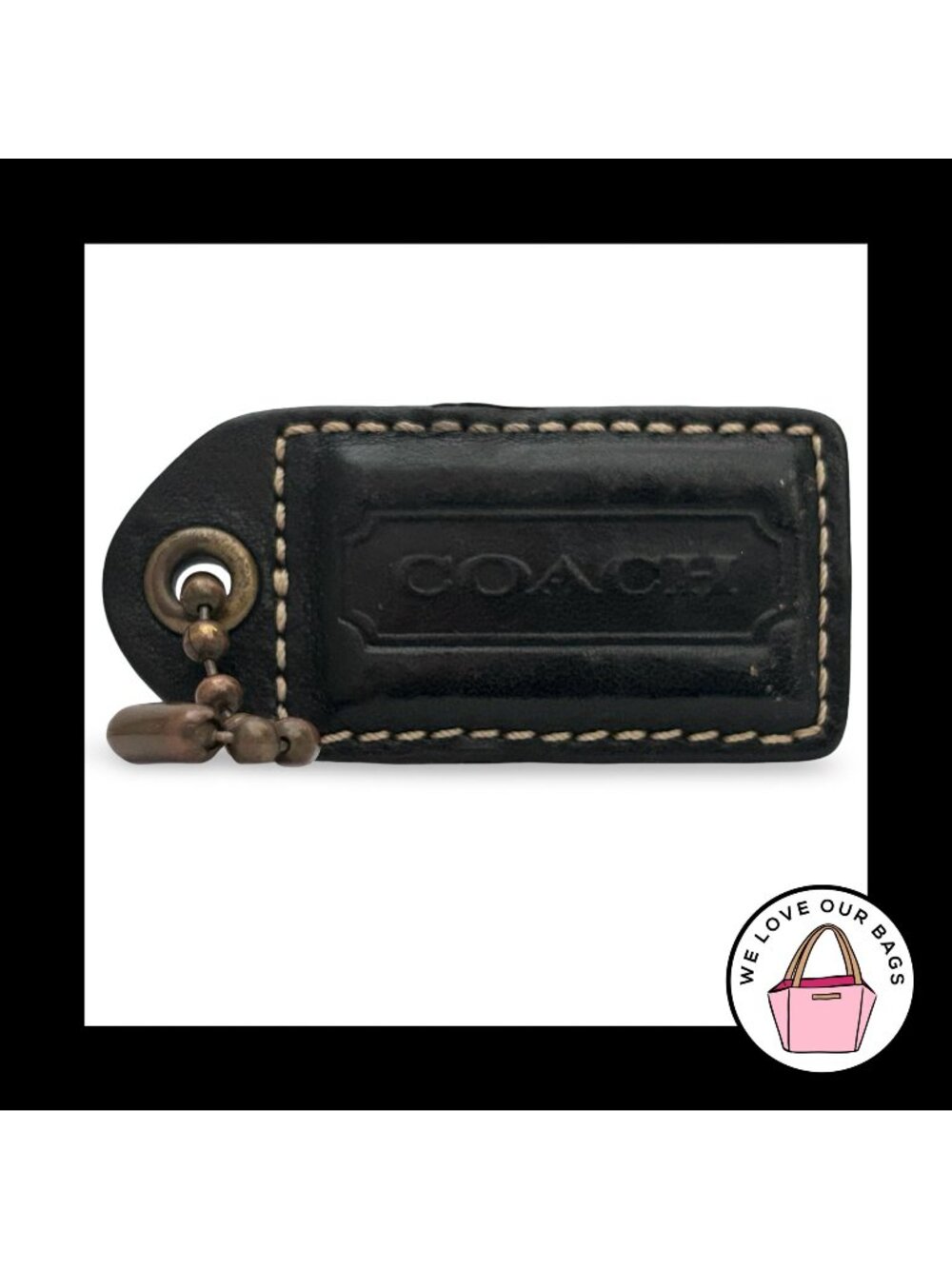 65th COACH Y2K VINTAGE Hang Tag 2.5" Black Leather Antique Brass Bag Charm Fob
